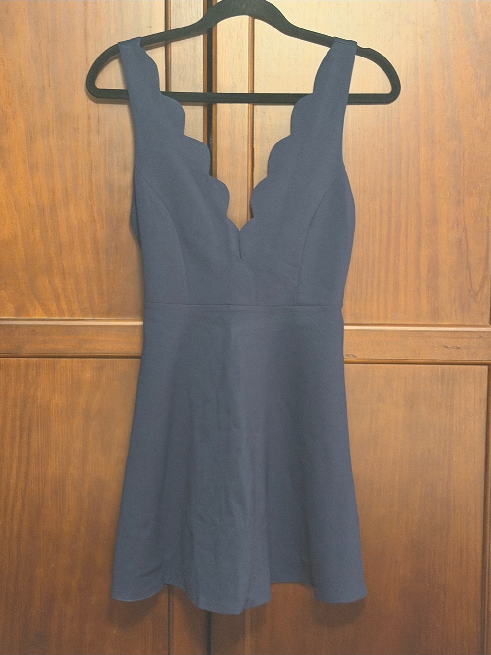 Scalloped Deep V-Neck Sleeveless A-Line Dress in Navy